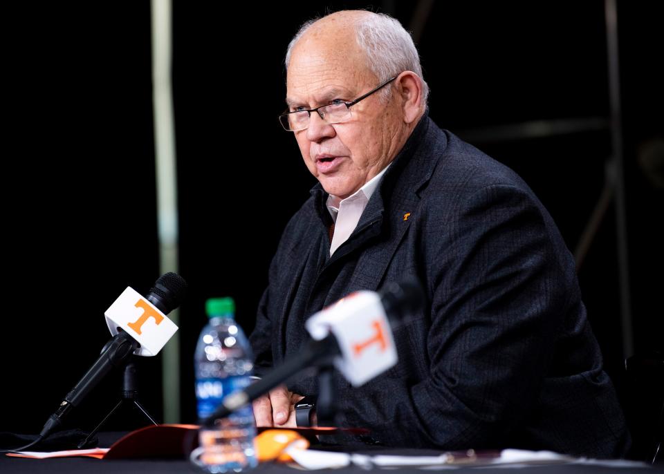 Tennessee Athletics Director Phillip Fulmer speaks during a press conference addressing the leadership changes related to the University of Tennessee football program held at the Neyland-Thompson Sports Center in Knoxville on Monday, January 18, 2021.