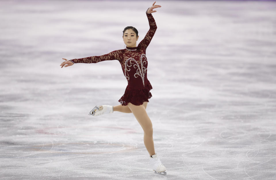 Mirai Nagasu of the United States falls while competing during the Ladies Single Skating Short Program on day twelve of the PyeongChang 2018 Winter Olympic Games at Gangneung Ice Arena on February 21, 2018 in Gangneung, South Korea.