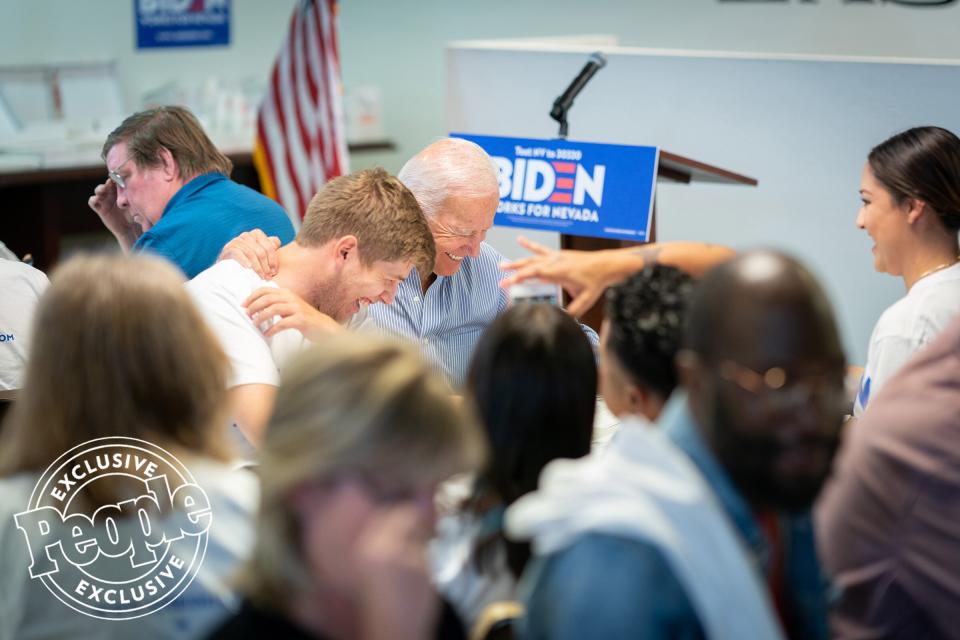 Biden after completing a call on his own behalf at a phonebanking event at IBEW Local 396 in Las Vegas on July 20, 2019.