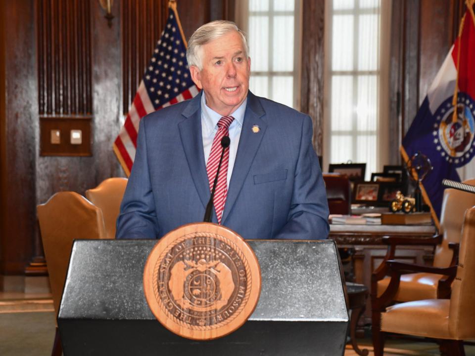 Gov. Mike Parson speaks to the media outside of his Missouri Capitol office. Photo courtesy of the Missouri Governor's Office