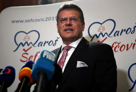 Slovakia's presidential candidate Maros Sefcovic speaks to the media at the party's headquarters in Bratislava, Slovakia, March 30, 2019. REUTERS/Radovan Stoklasa