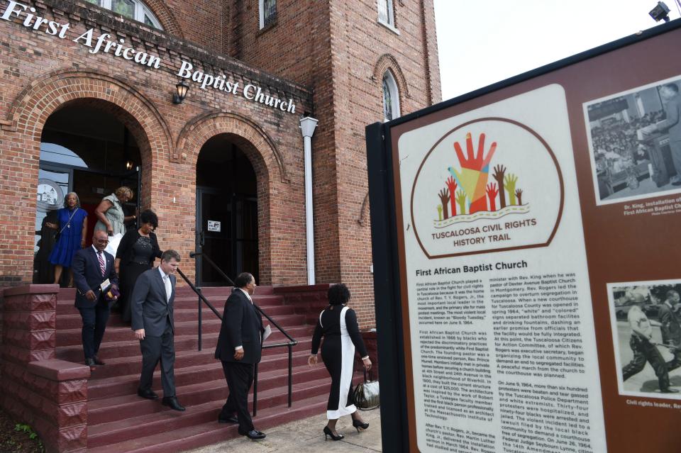 June 9 2024; Tuscaloosa, AL, USA; People gather outside First African Baptist Church for a march to the Tuscaloosa County Courthouse during the 60th anniversary commemoration of the Bloody Tuesday event in Tuscaloosa. Sixty years ago, law enforcement officers and a deputized mob beat and arrested civil rights marchers who were walking to the courthouse to protest the inclusion of segregated facilities.