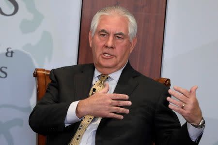 U.S. Secretary of State Rex Tillerson speaks on Relationship with India for the Next Century at the Center for Strategic and International Studies (CSIS) in Washington, U.S., October 18, 2017. REUTERS/Yuri Gripas