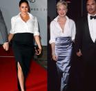 <p>Showing off her bump in a minimalist black skirt and white button-down, Meghan Markle looked stunning at the Endeavour Fund Awards in 2019. The look reminded us of Sharon Stones's chic satin skirt and button-down at the Academy Awards in 1998. </p>