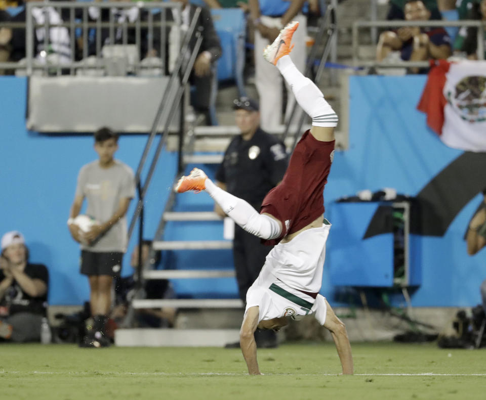 Mexico's Jorge Sanchez celebrates his goal against Martinique during the first half of their CONCACAF Golf Cup soccer match in Charlotte, N.C., Sunday, June 23, 2019. (AP Photo/Chuck Burton)