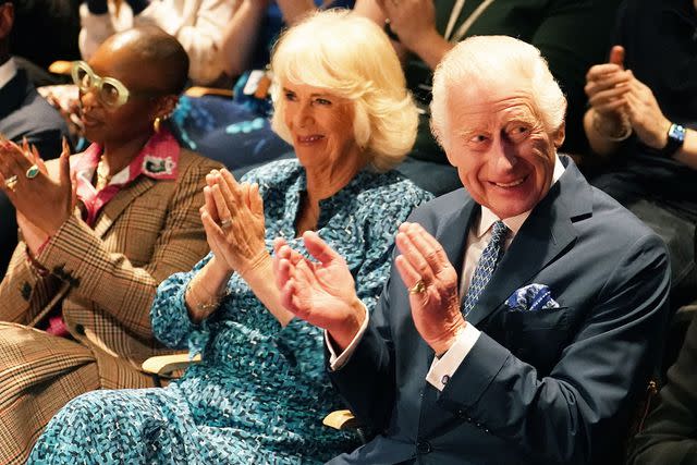 <p>JORDAN PETTITT/POOL/AFP via Getty</p> (From left) Cynthia Erivo, Queen Camilla and King Charles at the Royal Academy of Dramatic Art (RADA) in London on May 29, 2024.