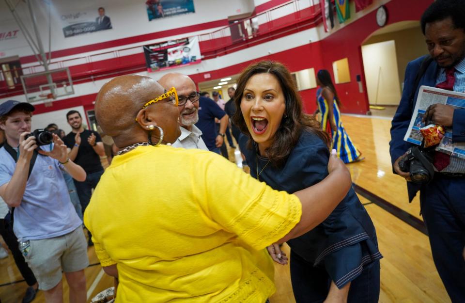 Michigan Gov. Gretchen Whitmer reacts to seeing a friend during a “Grillin’ with Gretchen” event held in Dearborn Heights at Hype Athletics on Sept. 9, 2022. Nearly 400 people attended the rally for her reelection.