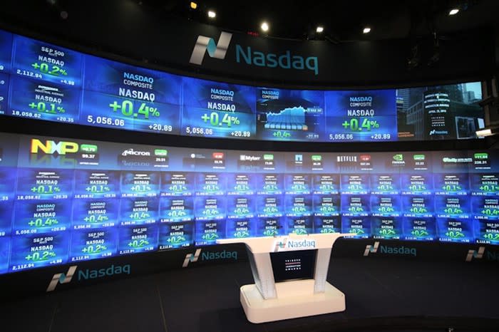 A television studio inside the Nasdaq exchange, with the electronic big board in the background.