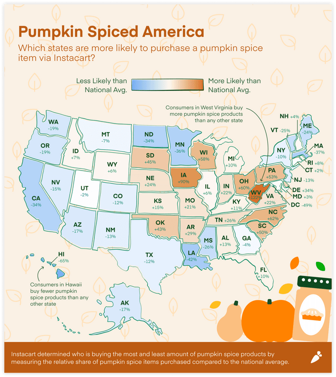 Map of pumpkin spice popularity in america
