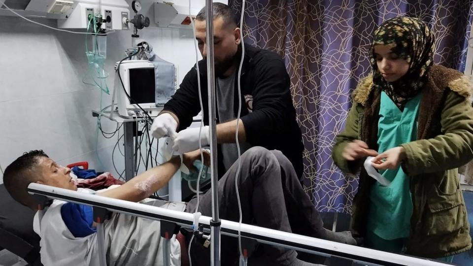 PHOTO: An injured Palestinian man receives medical assistance at Al-Amal Hospital, amid the ongoing conflict between Israel and the Palestinian Islamist group Hamas, in Khan Younis, Gaza Strip, Jan. 23, 2024.  (Palestine Red Crescent Society via Reuters)