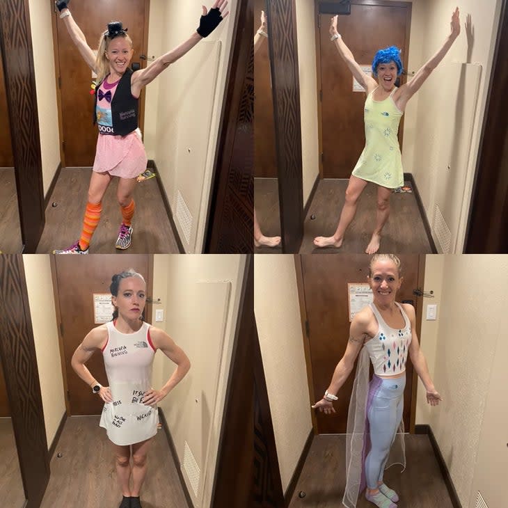 Brittany Charboneau poses in her four Disney costumes she wore for running four different distances