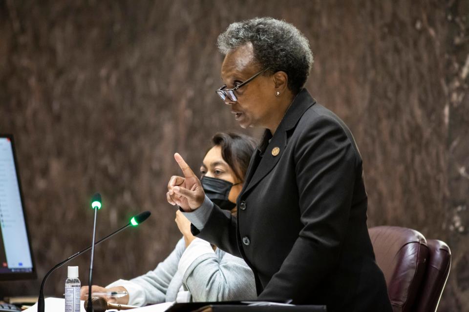 Mayor Lori Lightfoot presides over a Chicago City Council meeting at City Hall, Wednesday, July 21, 2021.