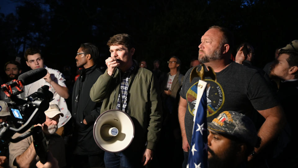 Nick Fuentes, Alex Jones, Ali Alexander during a 'Stop the Steal,' Far-Right Rallies leaders, broadcaster rally at the Governor's Mansion in Georgia November 19th, 2020 as the state finishes the recount in the Presidential election - calling on Governor Kemp to help President Trump. (Zach Roberts/NurPhoto via Getty Images)