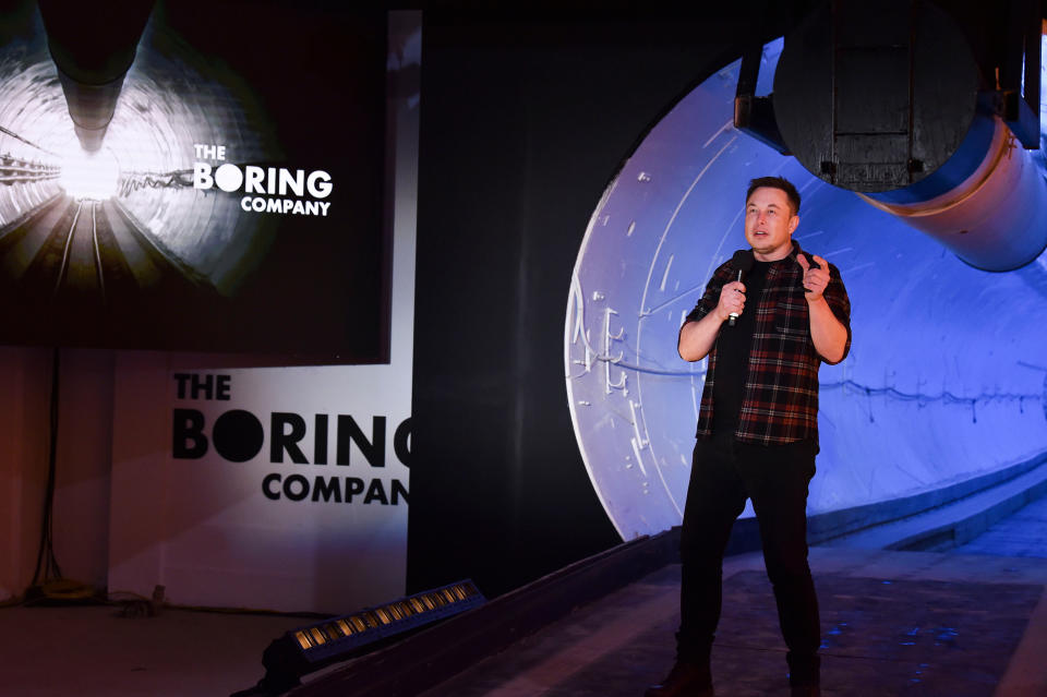 Elon Musk, co-founder and chief executive officer of Tesla Inc., speaks during an unveiling event for the Boring Company tunnel in Hawthorne, Calif. on Dec. 18, 2018.