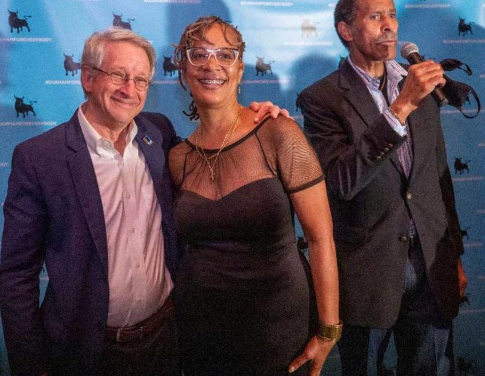 Durham Mayor elect, Elaine O’Neal poses for photographs with Durham Mayor Steve Schewel during a victory celebration at The Rickhouse event space on Tuesday, November 2, 2021 in Durham, N.C.