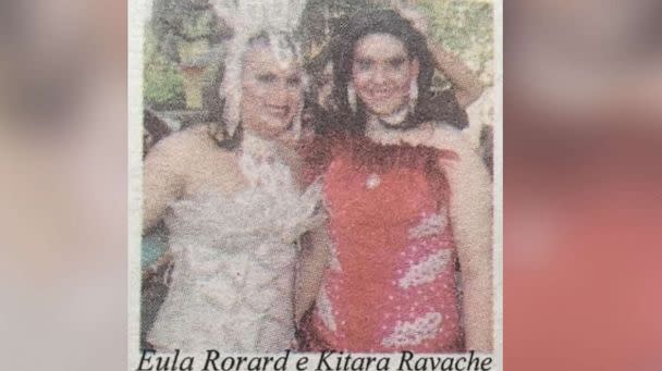 PHOTO: In this 2008 photo from the Brazilian newspaper Grito Gay, drag queen Eula Rochard, left, appears in drag with a man who he says is George Santos, now a U.S. representative from New York. (Grito Gay)