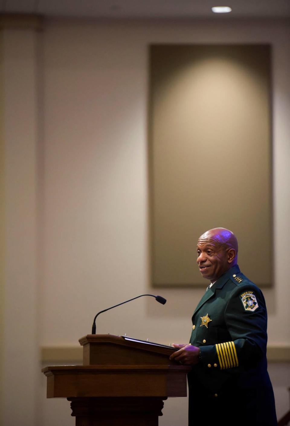 Mecklenburg County Sherif Garry L. McFadden gives remarks during the graduation of the Mecklenburg County Detention Officer Certification Course on Monday, June 8, 2023, at Calvary Baptist Church. Sean McInnis/smcinnis@charlotteobserver.com