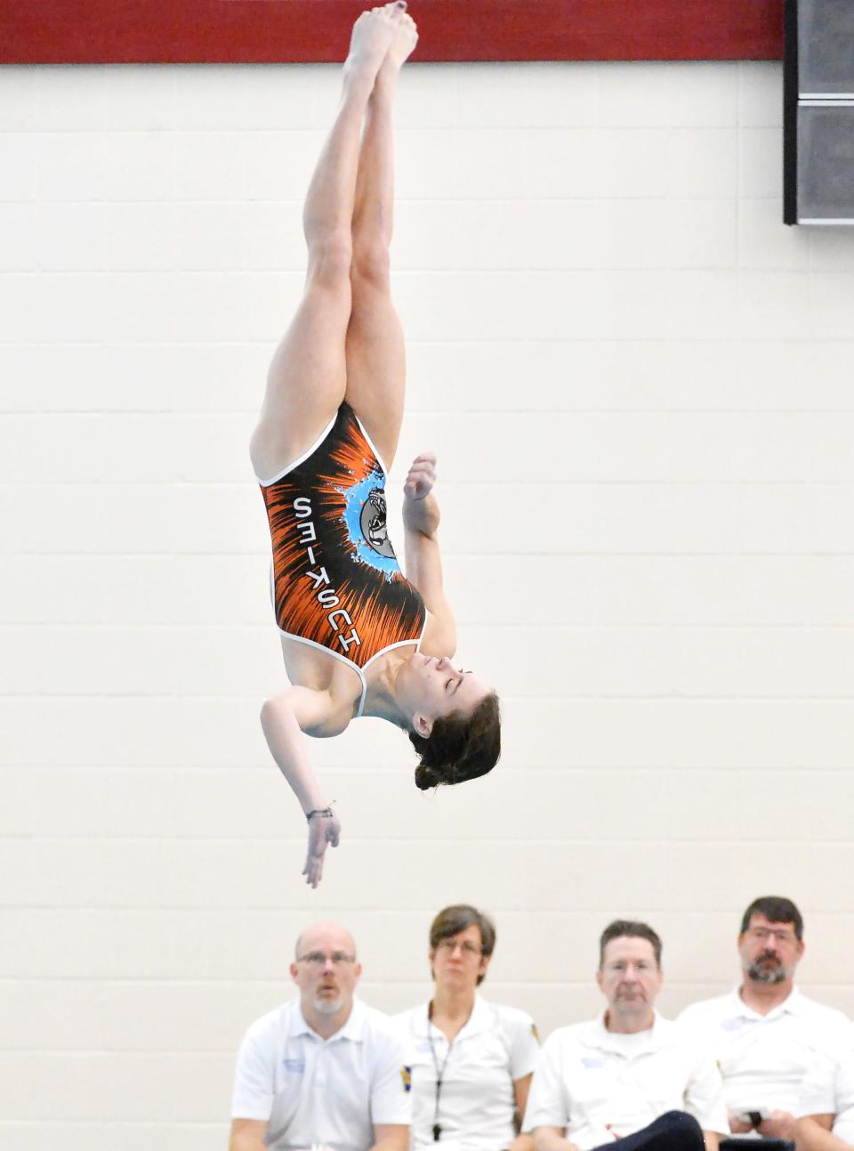 Harbor Creek High School's Kyra Guntrum competes in the diving portion of the North East Swim and Dive Invitational at North East Elementary Center in North East on Jan. 13.