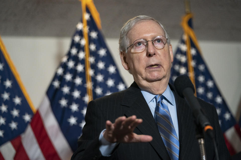 UNITED STATES - AUGUST 4: Senate Majority Leader Mitch McConnell, R-Ky., speaks during a news conference after the Senate Republican luncheon in the Hart Building in Washington on Tuesday, Aug. 4, 2020. (Photo by Caroline Brehman/CQ-Roll Call, Inc via Getty Images)