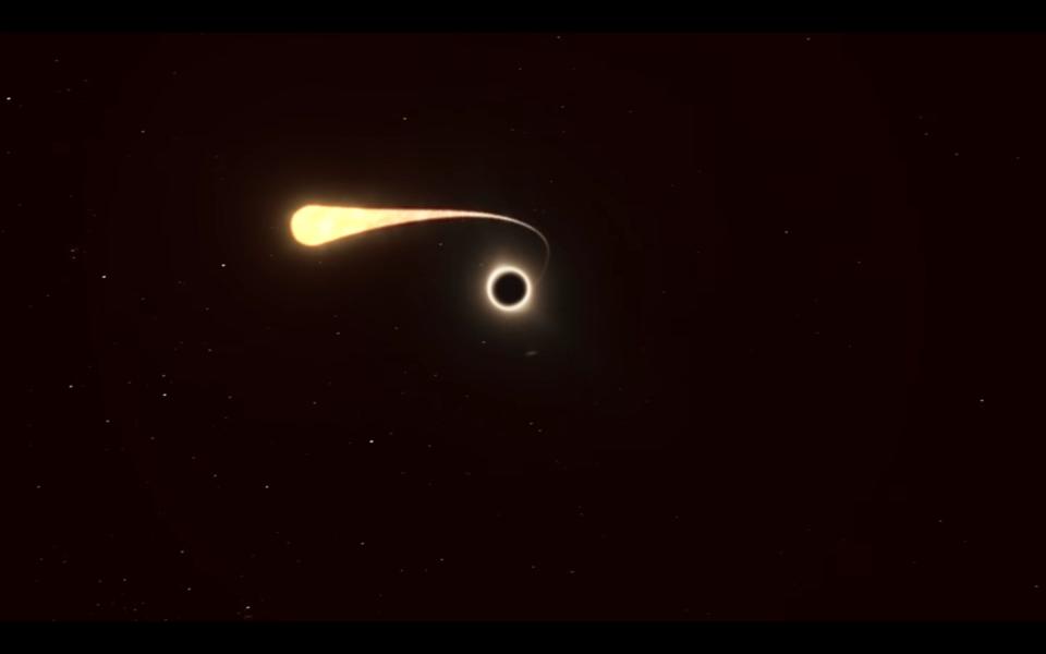animation of a yellow star being sucked into a black hole
