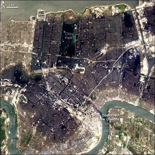 The flooding in New Orleans nearly a week after Hurricane Katrina hit, taken by NASA's EO-1 satellite on Sept. 6, 2005.