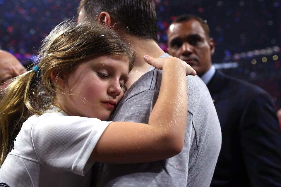 ATLANTA, GEORGIA - FEBRUARY 03: Tom Brady #12 of the New England Patriots celebrates with Vivian Lake Brady after his 13-3 win against Los Angeles Rams during Super Bowl LIII at Mercedes-Benz Stadium on February 03, 2019 in Atlanta, Georgia. (Photo by Maddie Meyer/Getty Images)