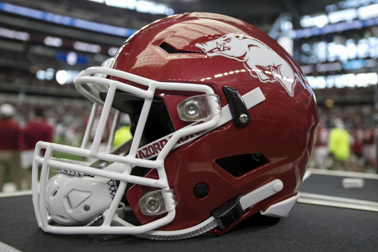 ARLINGTON, TX - SEPTEMBER 28: A Arkansas Razorbacks helmet during the game between the Texas A&M Aggies and the Arkansas Razorbacks on September 28, 2019 at AT&T Stadium in Arlington, Texas. (Photo by Matthew Pearce/Icon Sportswire via Getty Images)