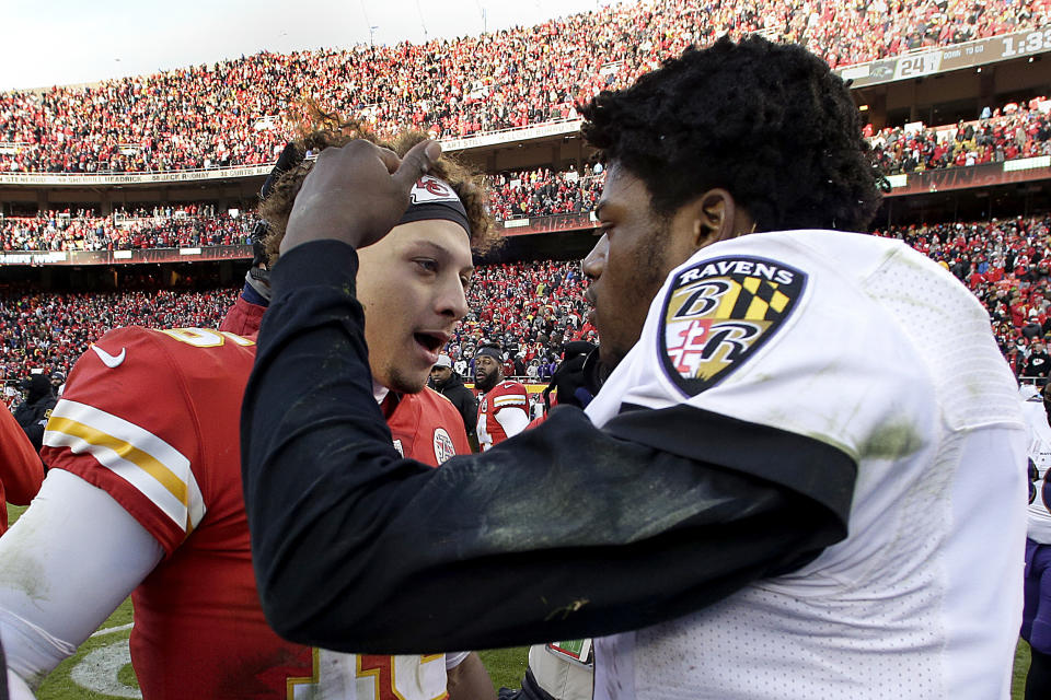 Kansas City Chiefs quarterback Patrick Mahomes, left, and Baltimore Ravens quarterback Lamar Jackson will meet up on "Monday Night Football" this season. (AP Photo/Charlie Riedel)