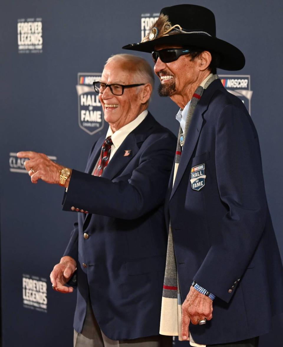 NASCAR Hall of Fame members Dale Inman, left and Richard Petty, right, pose on the red carpet at the NASCAR Hall of Fame in Charlotte, NC on Friday, January 19, 2024.