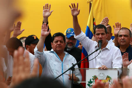 Venezuelan opposition leader Juan Guaido, who many nations have recognised as the country's rightful interim ruler, takes part in a rally during his visit in Villa del Rosario, Venezuela, April 13, 2019. REUTERS/Isaac Urrutia