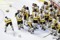 <p>Pittsburgh Penguins players celebrate after winning the 2017 NHL Stanley Cup Finals between the Pittsburgh Penguins and Nashville Predators on June 11, 2017, at Bridgestone Arena in Nashville, TN. (Photo by John Crouch/Icon Sportswire via Getty Images) </p>