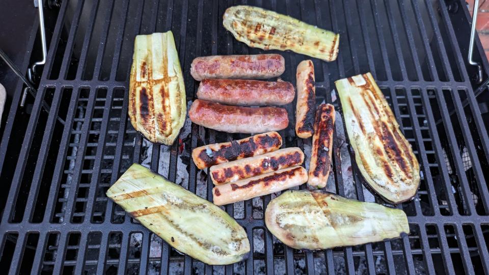 The cast iron grill racks produced lovely griddle marks on sausages and eggplant slices.