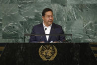 President of Bolivia Luis Arce addresses the 77th session of the United Nations General Assembly, at U.N. headquarters, Tuesday, Sept. 20, 2022. (AP Photo/Jason DeCrow)