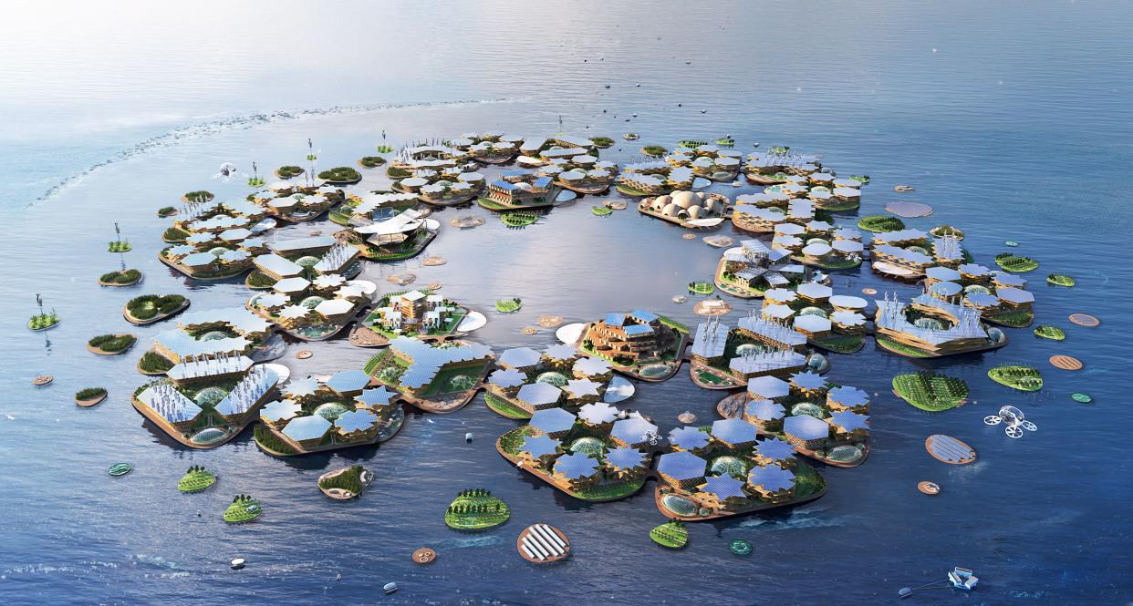 An illustration of what Oceanix's floating city would look like. (Photo: OCEANIX/BIG-Bjarke Ingels Group)