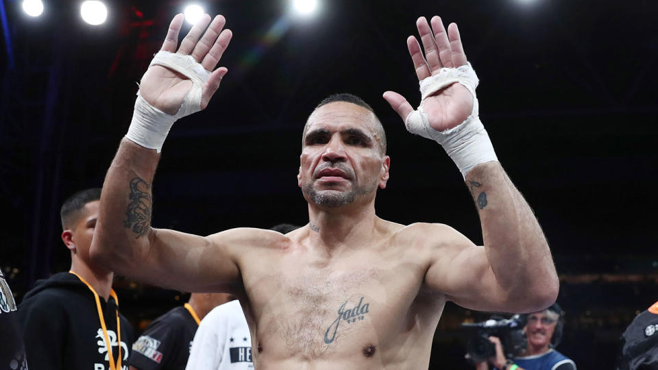 Anthony Mundine was sent into retirement by a brutal 96-second fight against Jeff Horn. Pic: Getty