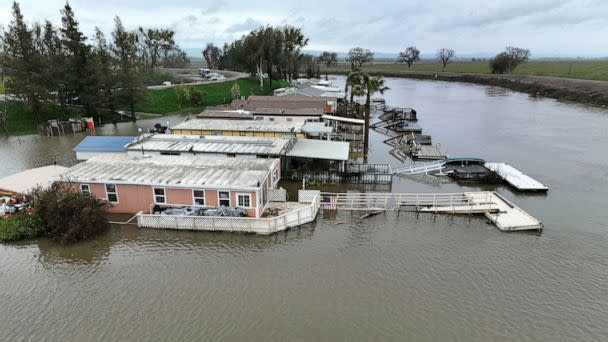 PHOTO: A view of flooded mobile homes in the Haven Acres Mobile Home Park after the San Joaquin river overflowed in the San Joaquin Valley community of Lathrop, California, March 19, 2023. (Fred Greaves/Reuters)