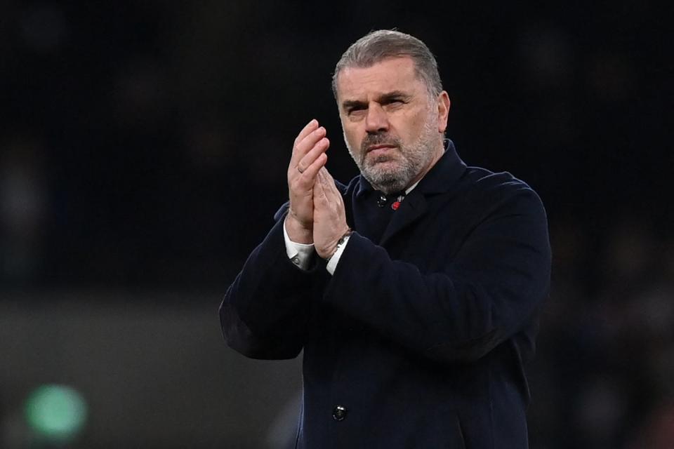 Ange Postecoglou can become the first Spurs manager in 34 years to do the double over Man Utd (AFP via Getty Images)