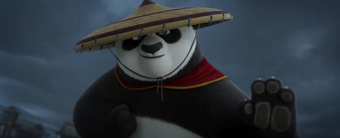 Animated character Po from "Kung Fu Panda" in a fighting stance