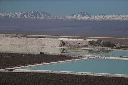 A view of brine pools of a lithium mine on the Atacama Salt Flat in the Atacama Desert, Chile August 16, 2018. Picture taken August 16, 2018. REUTERS/Ivan Alvarado