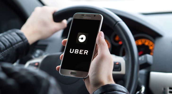 A photo of a person holding a smartphone in a car that is displaying the Uber Technologies Inc (UBER) logo.