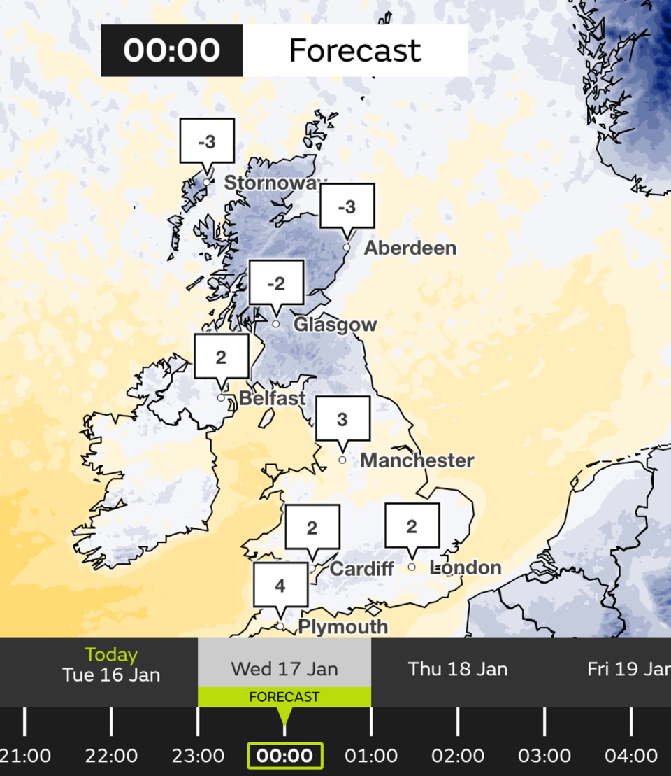 Met Office forecaster Craig Snell predicted temperatures could drop as low as -15C in parts of the UK on Tuesday (Meteorological Office)