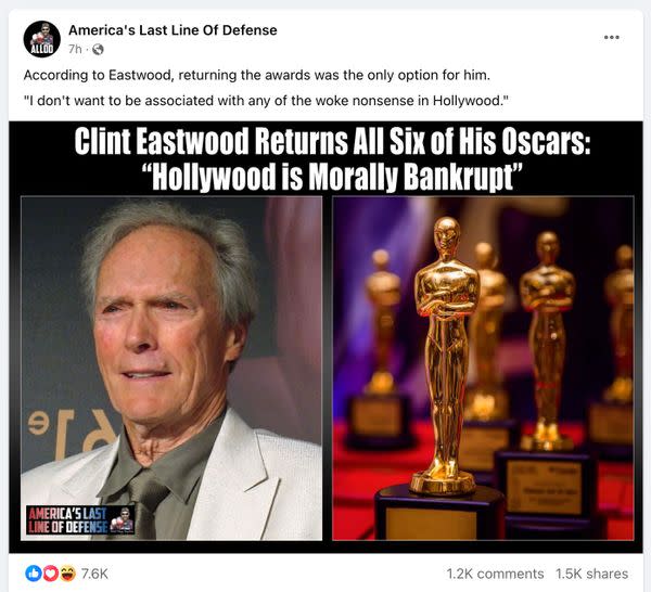 A rumor said Clint Eastwood returned all of his Oscars due to Hollywood being morally bankrupt and having too much woke.