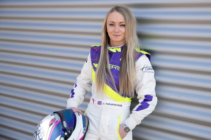 FILE PHOTO: Jessica Hawkins poses during a media day ahead of the inaugural season of the women-only racing series 'W Series' at the Lausitzring in Schipkau