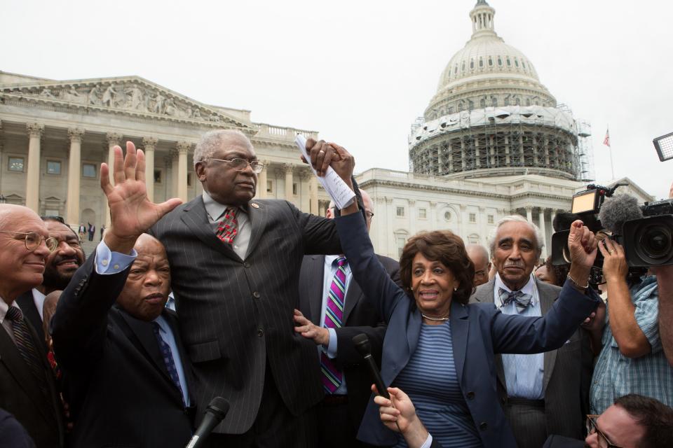 Reps. John Lewis, James Clyburn, Maxine Waters and Charles Rangel speak with supporters outside the Capitol on June 23, 2016.