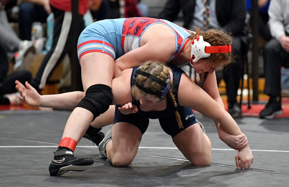 Pennsauken's Hannah Dahl, top, controls Gateway's Shaelie Young during the 185 lb. bout at the NJSIAA 2022 South Region girls' wrestling tournament held at Kingsway High School on Saturday. Dahl won the match 2-1. Feb. 12, 2022.