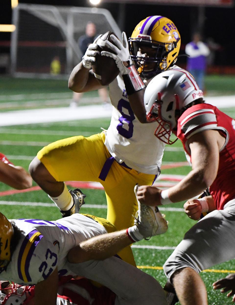 Anthony Hampton of East leaps into the end zone for a second quarter touchdown on Friday against Canandaigua.Jack Haley