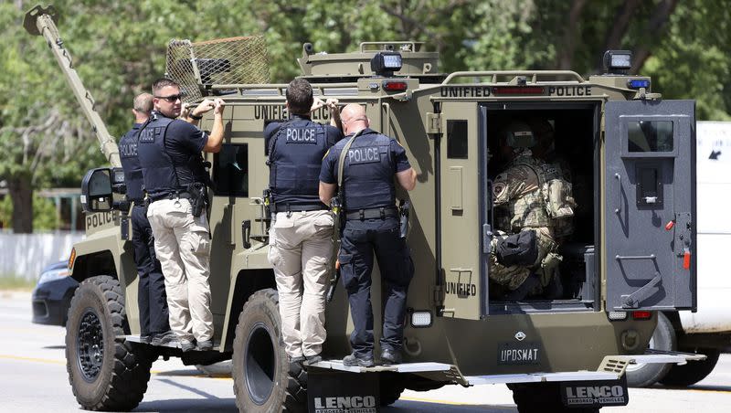 A SWAT team is pictured in this file photo responding to an incident near 800 North and Redwood Road in Salt Lake City in July 2021.