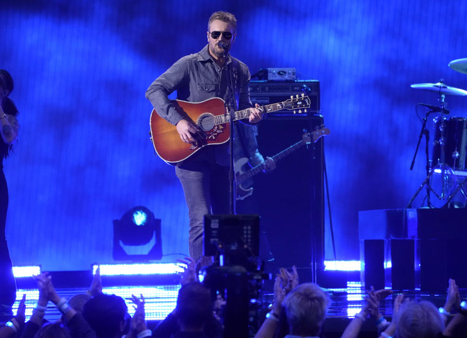 Eric Church performs a medley at the 57th Academy of Country Music Awards on Monday, March 7, 2022, at Allegiant Stadium in Las Vegas. (AP Photo/John Locher)