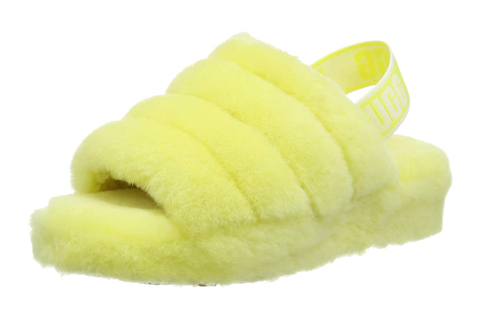 ugg, neon yellow, slides, fluff yeah