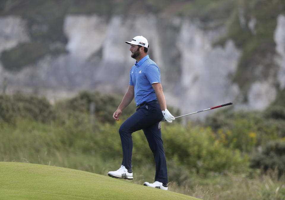 Spain's Jon Rahm walks off the 6th tee during a practice round ahead of the start of the British Open golf championships at Royal Portrush in Northern Ireland, Tuesday, July 16, 2019. The British Open starts Thursday. (AP Photo/Jon Super)